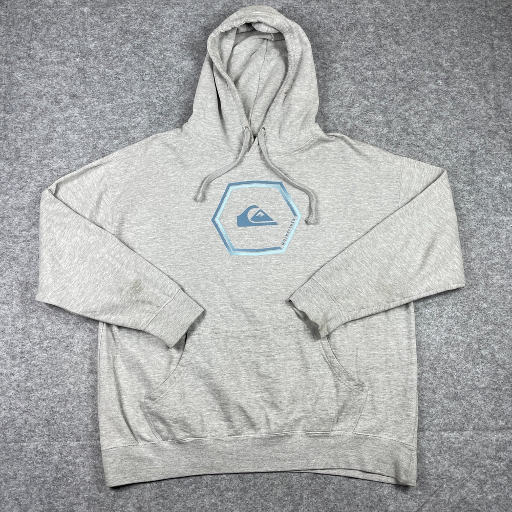 Quiksilver Hoodie Mens XXL Gray Blue Hexagon Mountain Wave Pullover Fleece